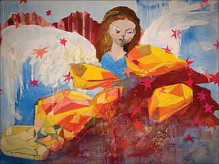 "Ángel de la guarda sobre tormenta de cristales", 2009, 140 x 160 cm. Acrílico, óleo, esmalte, lápiz y vidrio líquido sobre tela.